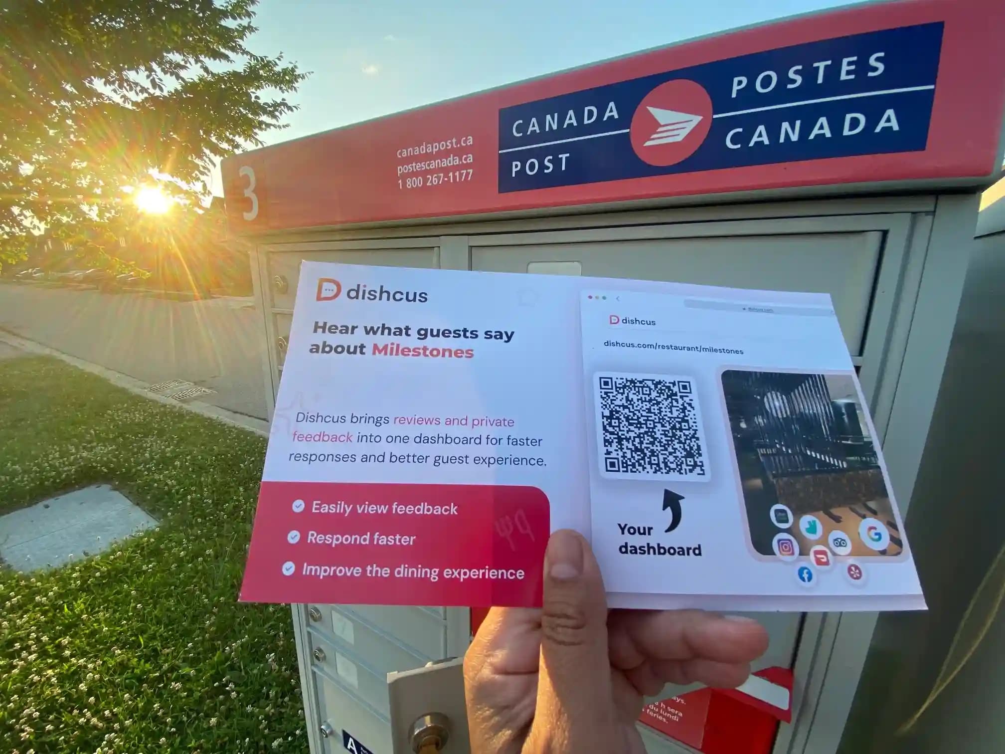 Dishcus postcard arriving at a restaurant group's mailbox