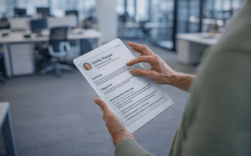 Person reviewing a single-column resume on a tablet in a modern office, demonstrating ATS-friendly resume formatting for professional job applications.