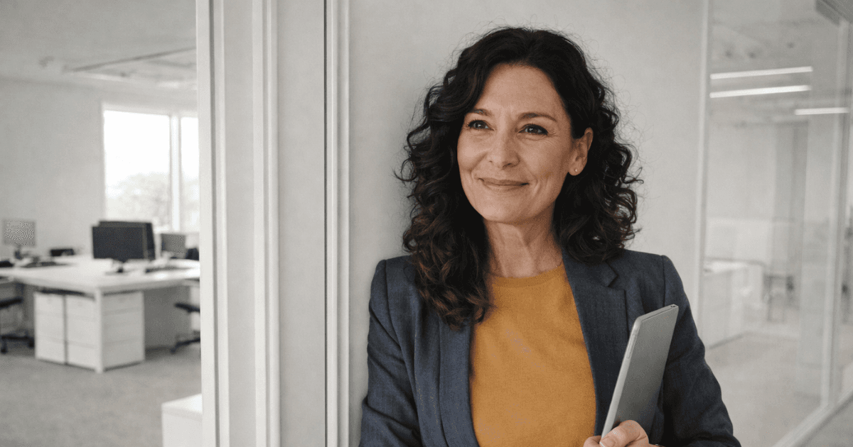 Professional woman holding a laptop, thoughtfully reflecting on a career change in a modern office setting