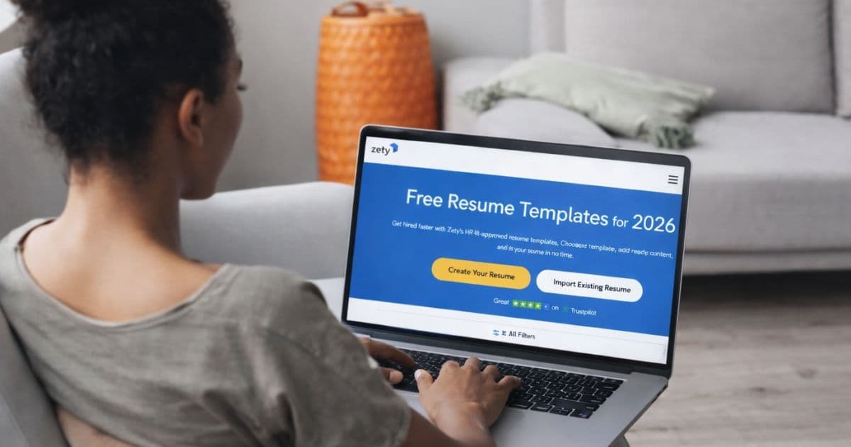 Person reviewing Zety resume templates on a laptop in a modern living room with an orange laundry hamper in the background