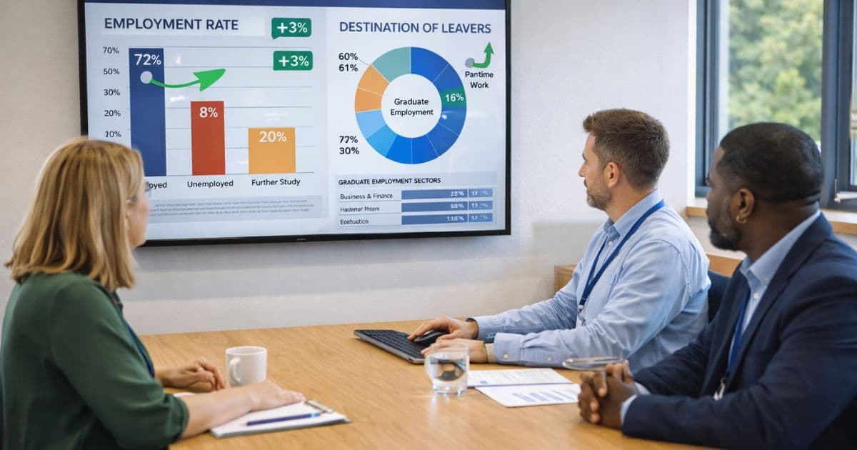 UK college leadership team reviewing education outcomes platform dashboard showing learner destination data and employment trends