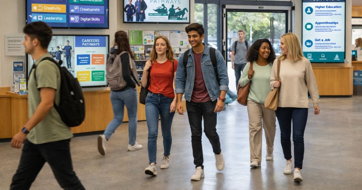 UK further education college entrance showing students and digital career displays representing education employability platform integration